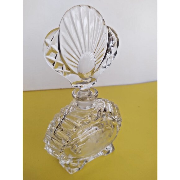 Vintage Crystal Perfume Bottle, Art Deco, Etched Glass Fan shaped stopper 7 1/4" - Picture 6 of 7